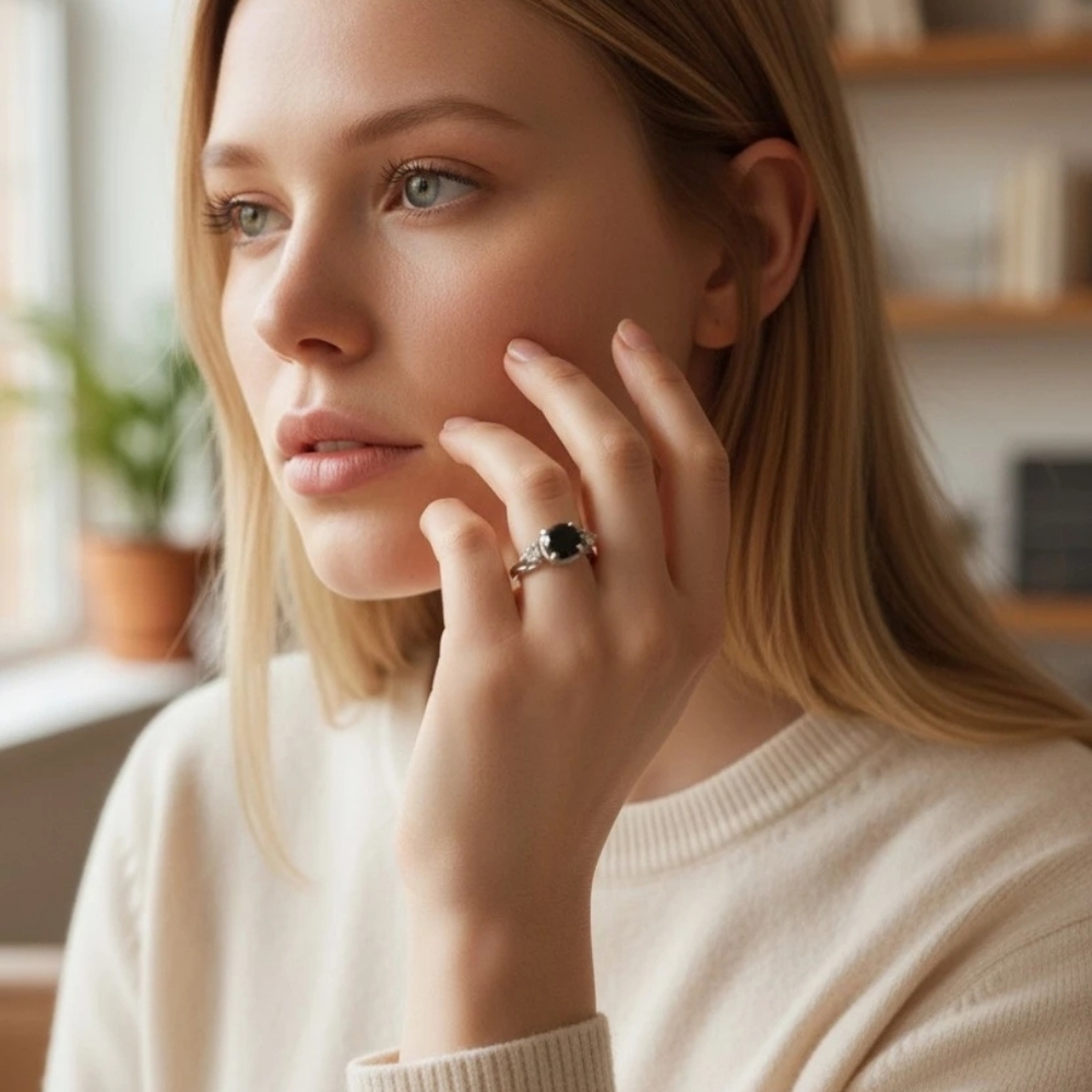 10ct White Gold Ladies Custom Brillant Cut Black Diamond With 2 Side Diamonds